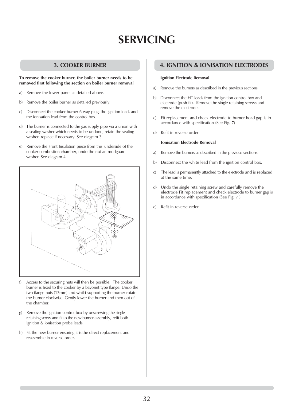 Servicing, Cooker burner 4. ignition & ionisation electrodes | Honeywell Central Heating Cooker Natural Gas User Manual | Page 32 / 44