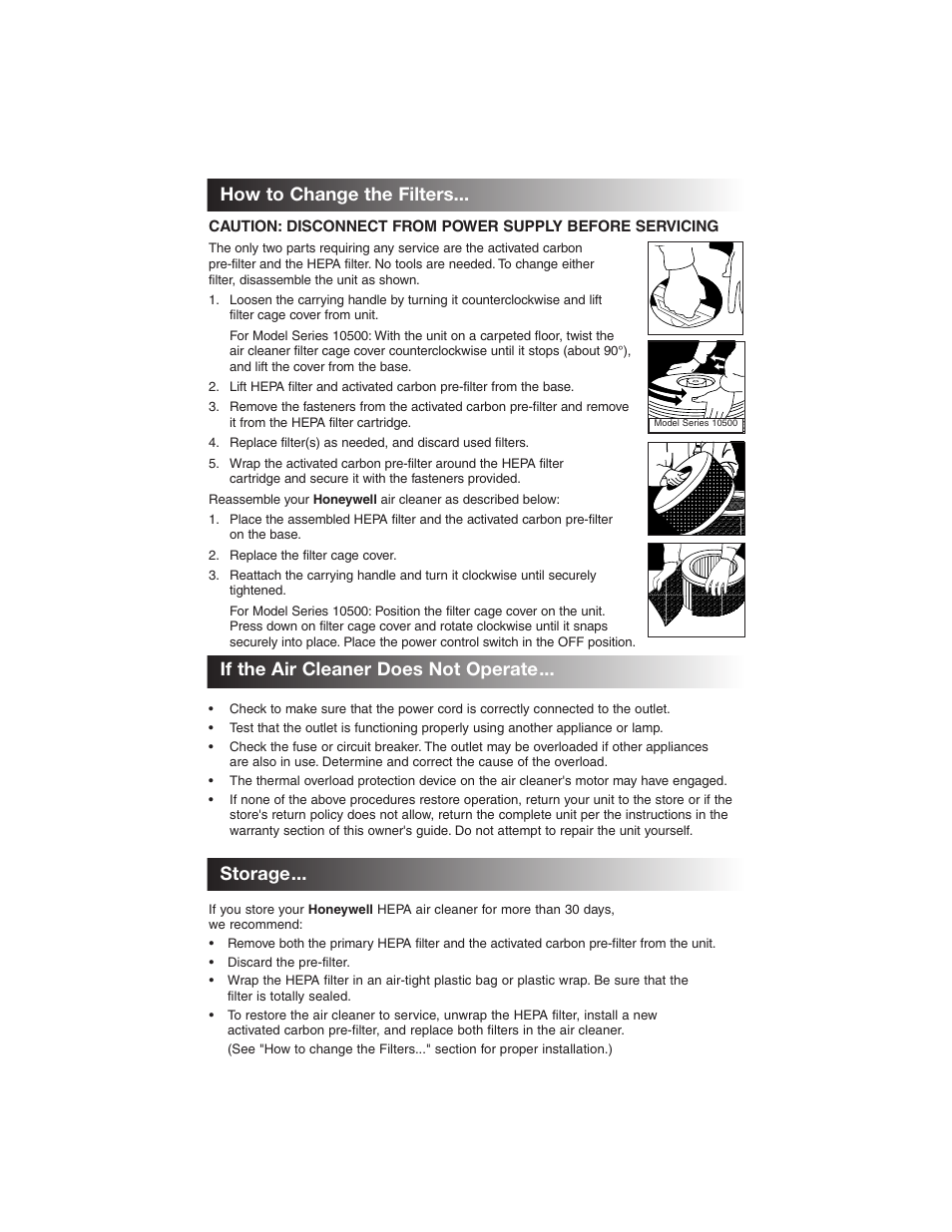 How to change the filters, Storage, If the air cleaner does not operate | Honeywell 13350 User Manual | Page 7 / 8