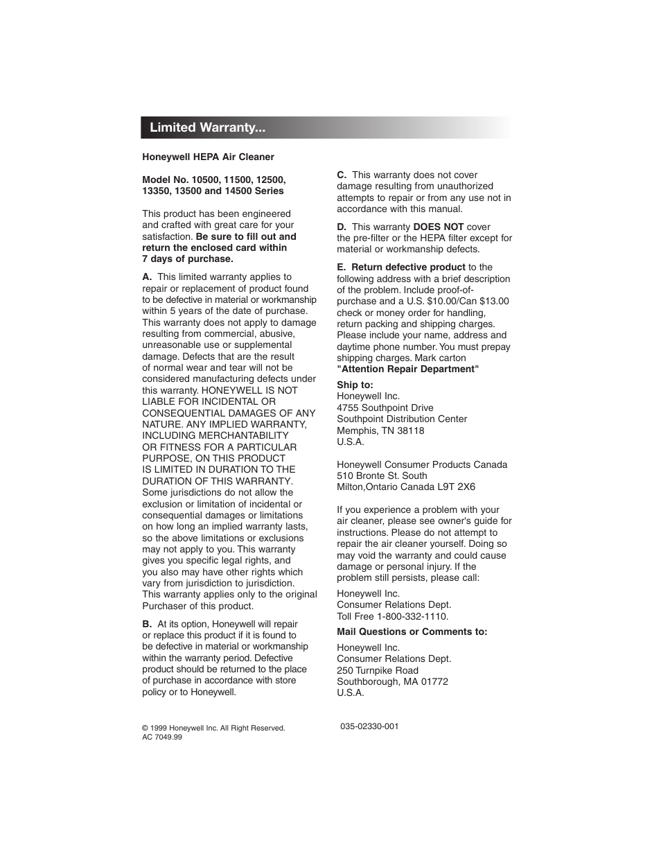 Limited warranty | Honeywell 13350 User Manual | Page 8 / 8