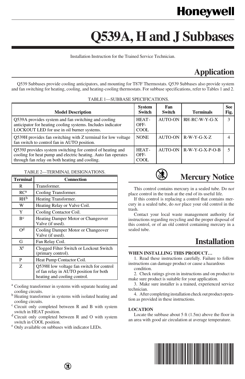 Honeywell Q539A User Manual | 4 pages