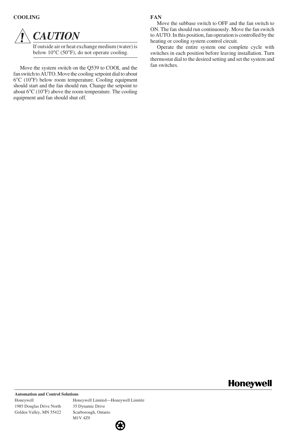Caution | Honeywell Q539A User Manual | Page 4 / 4