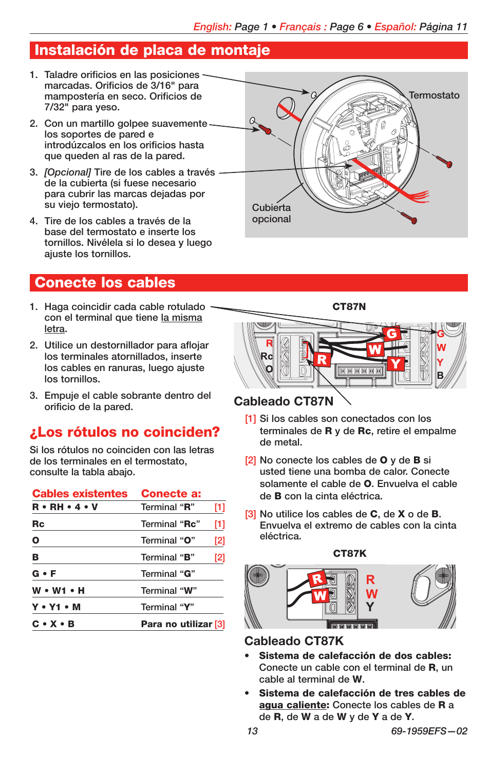 Instalación de placa de montaje, Conecte los cables, Los rótulos no coinciden | Cableado ct87n, Cableado ct87k, Rw y | Honeywell CT87K User Manual | Page 13 / 16