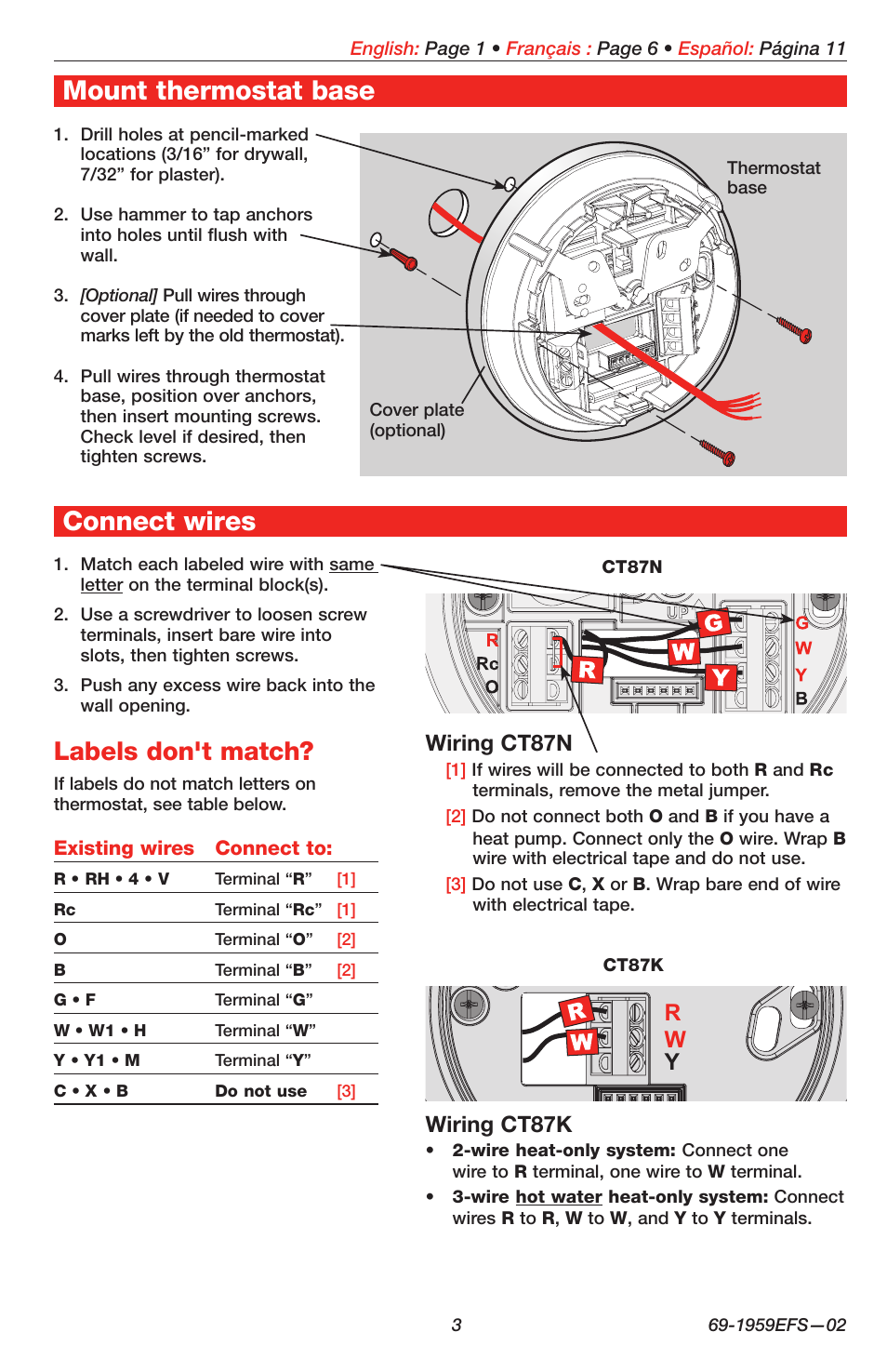 Mount thermostat base, Connect wires, Labels don't match | Wiring ct87n, Wiring ct87k, Rw y | Honeywell CT87K User Manual | Page 3 / 16
