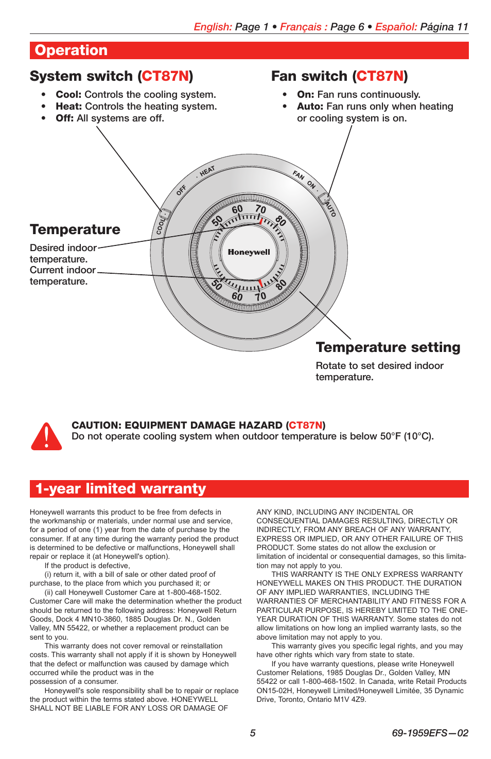 Operation, Year limited warranty, Fan switch ( ct87n ) | System switch ( ct87n ), Temperature setting, Temperature | Honeywell CT87K User Manual | Page 5 / 16