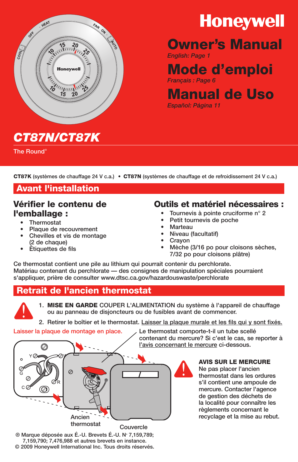 Owner’s manual, Mode d’emploi, Manual de uso | Ct87n/ct87k, Vérifier le contenu de l'emballage, Outils et matériel nécessaires | Honeywell CT87K User Manual | Page 6 / 16