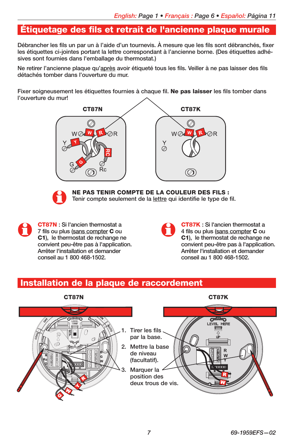 Installation de la plaque de raccordement | Honeywell CT87K User Manual | Page 7 / 16