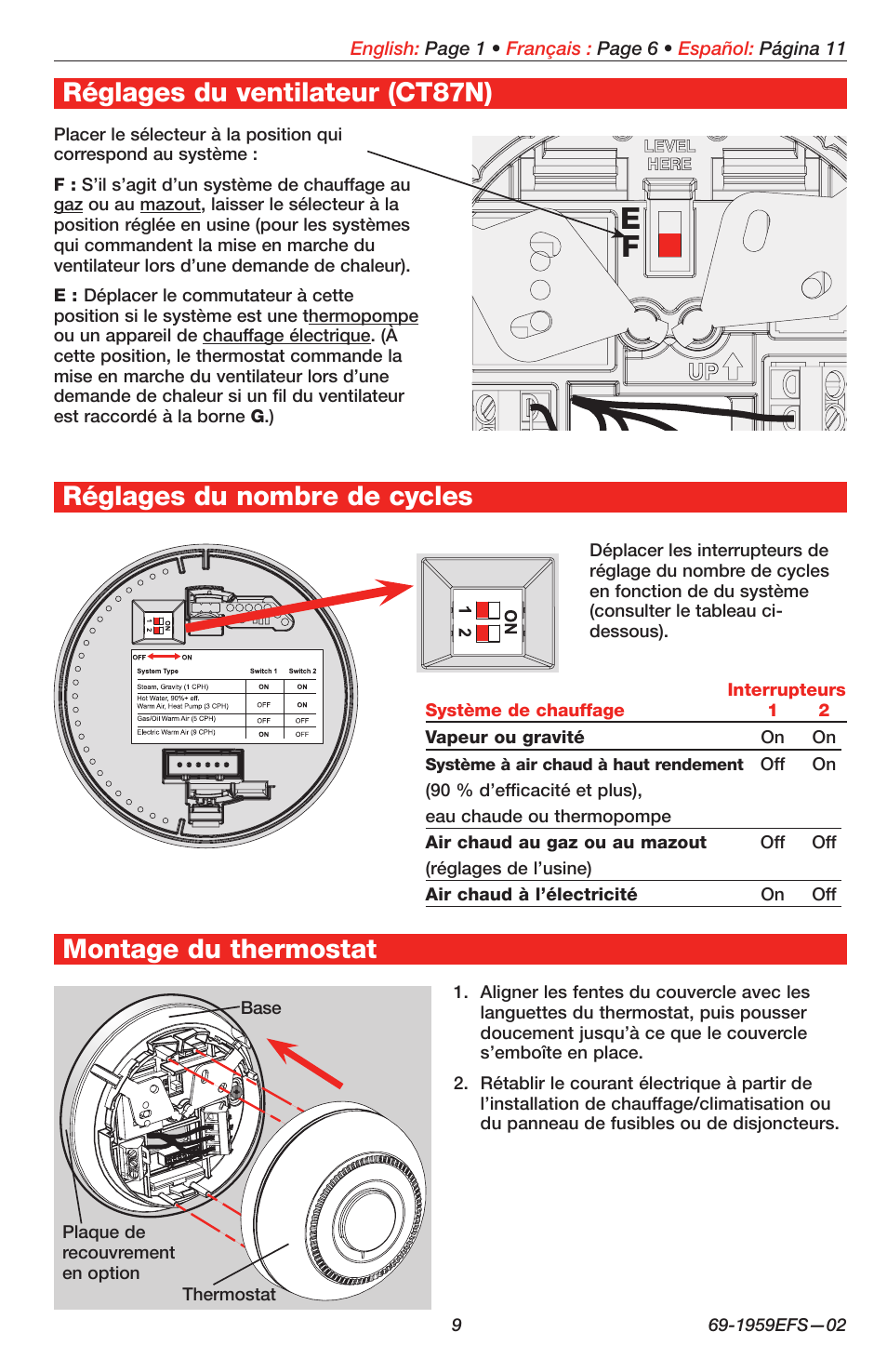 Montage du thermostat | Honeywell CT87K User Manual | Page 9 / 16