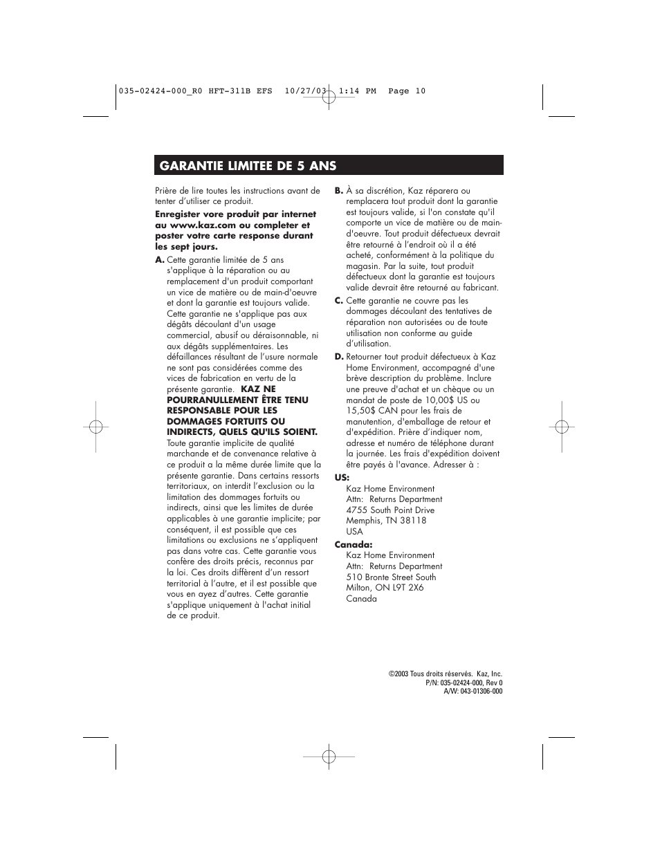 Garantie limitee de 5 ans | Honeywell HFT-311B User Manual | Page 10 / 15