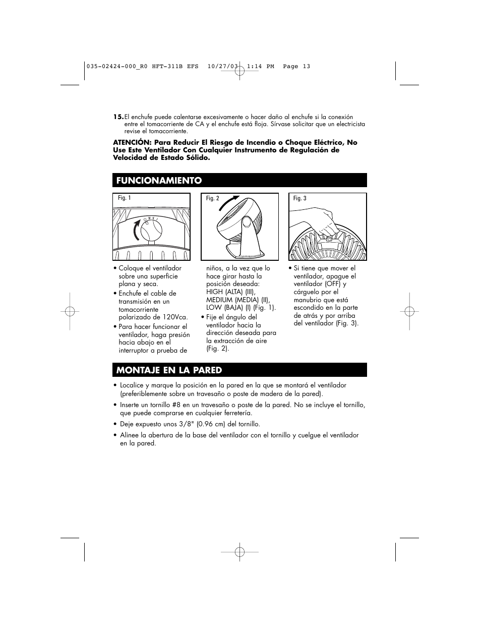 Funcionamiento, Montaje en la pared | Honeywell HFT-311B User Manual | Page 13 / 15