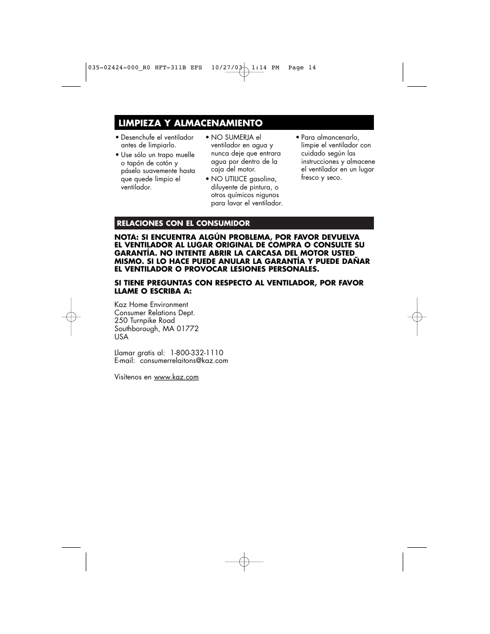 Limpieza y almacenamiento | Honeywell HFT-311B User Manual | Page 14 / 15
