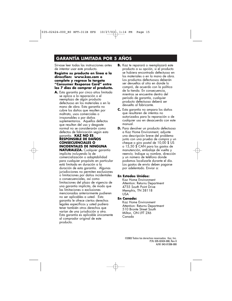 Garantía limitada por 5 años | Honeywell HFT-311B User Manual | Page 15 / 15