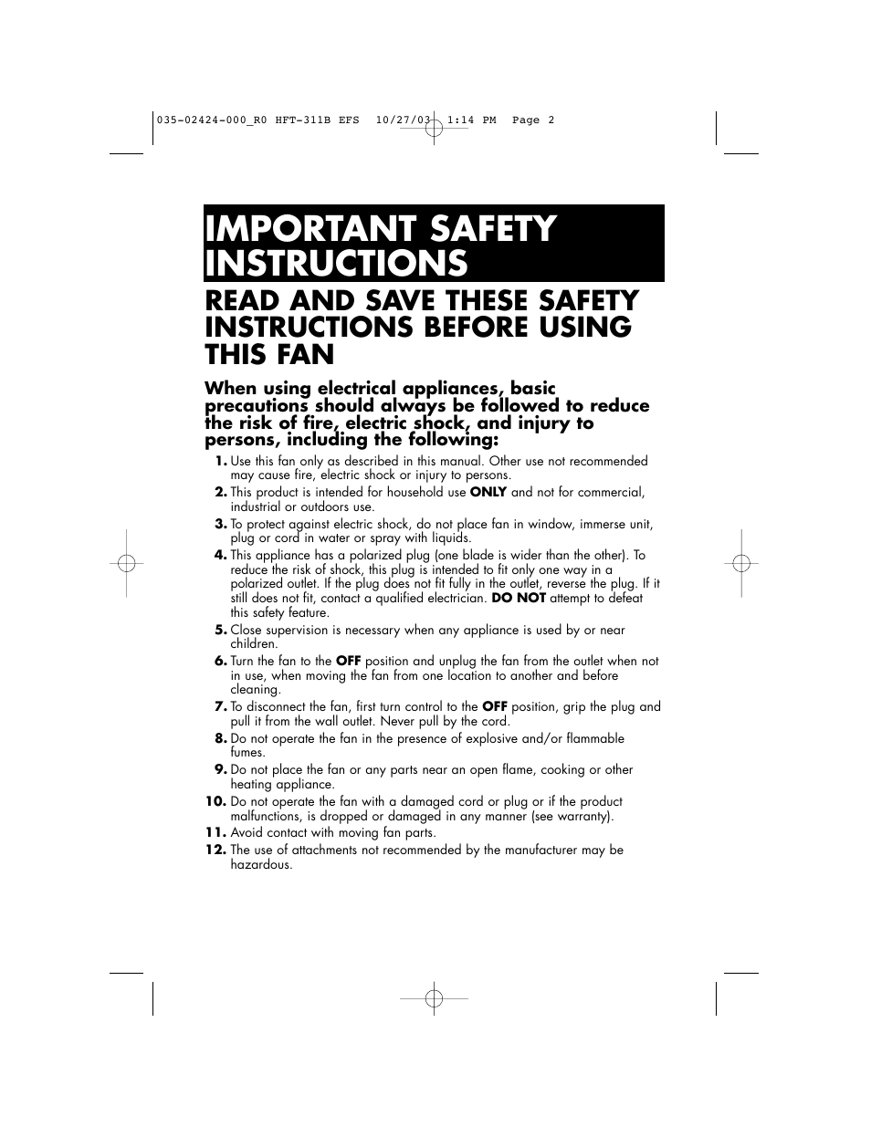 Important safety instructions | Honeywell HFT-311B User Manual | Page 2 / 15
