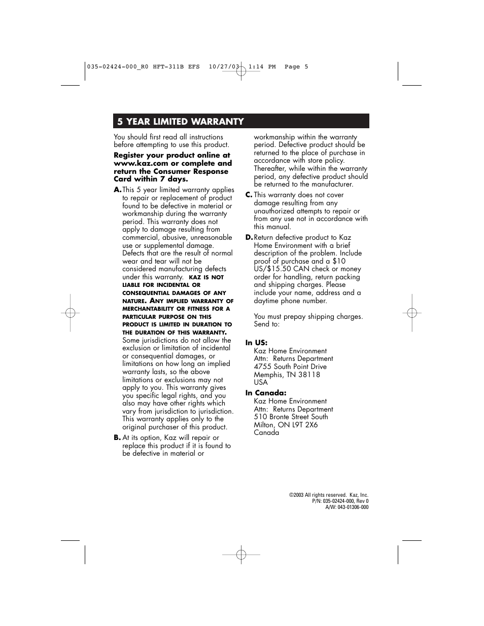5 year limited warranty | Honeywell HFT-311B User Manual | Page 5 / 15