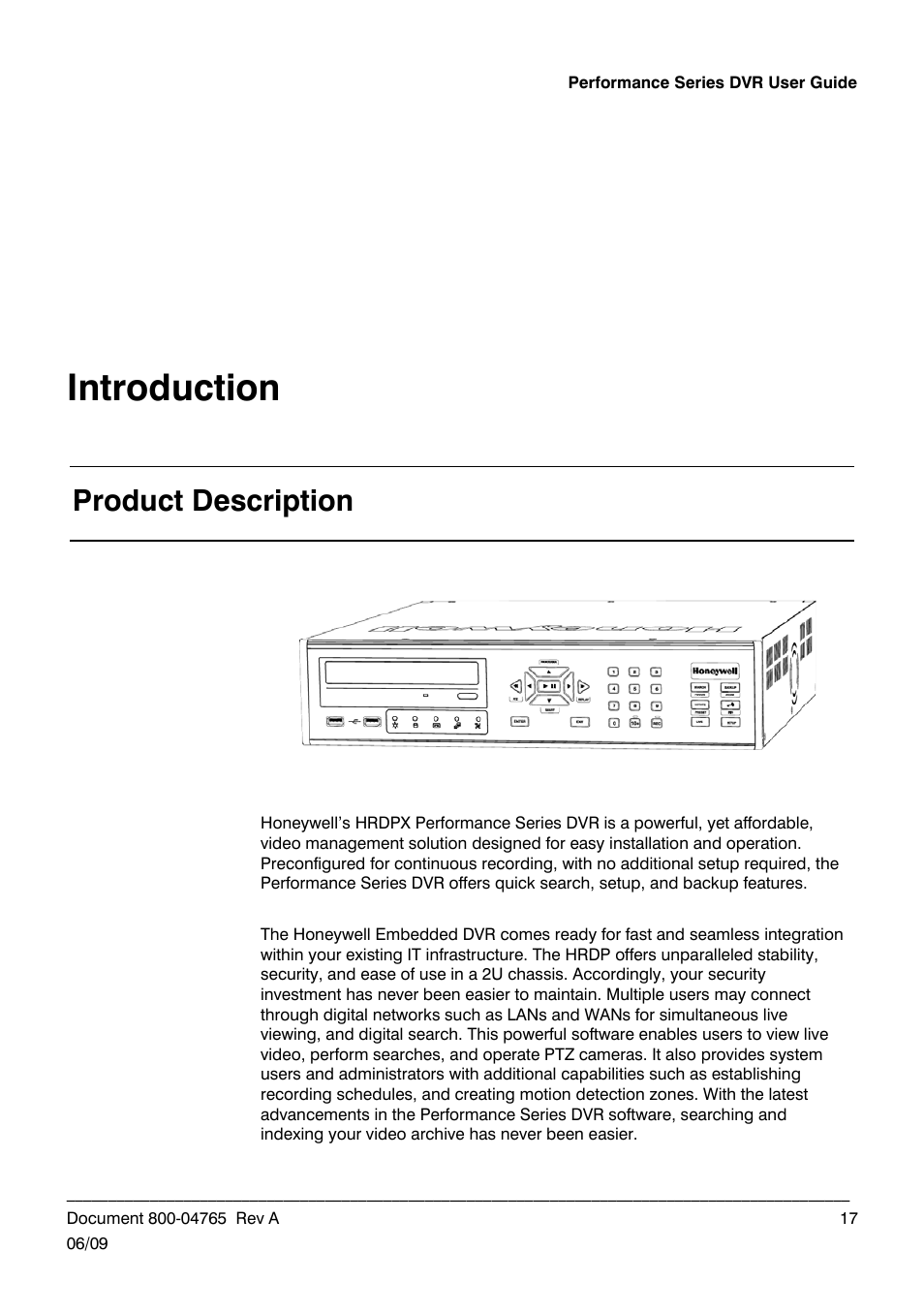 Product description, Introduction | Honeywell HRDPX User Manual | Page 17 / 104