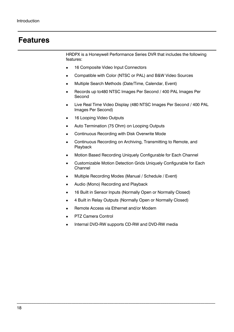 Features | Honeywell HRDPX User Manual | Page 18 / 104