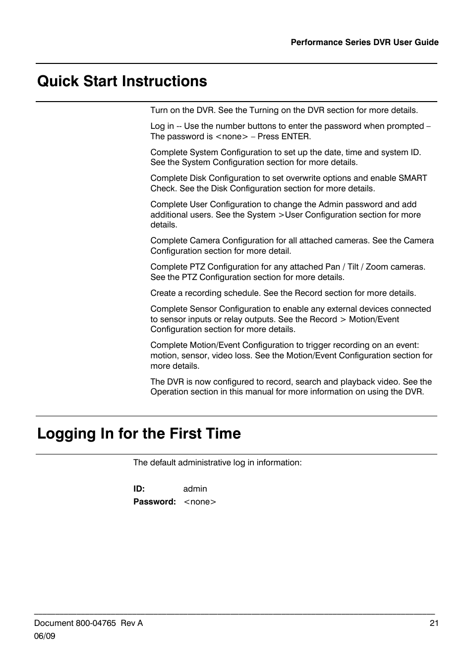 Quick start instructions, Logging in for the first time | Honeywell HRDPX User Manual | Page 21 / 104