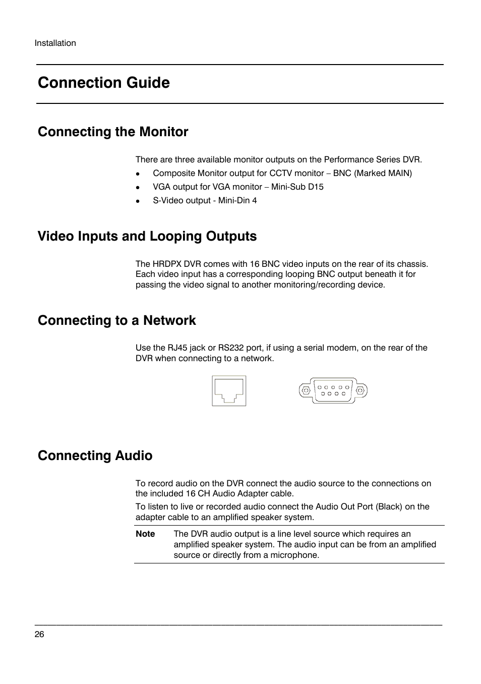 Connection guide, Connecting the monitor, Video inputs and looping outputs | Connecting to a network, Connecting audio | Honeywell HRDPX User Manual | Page 26 / 104