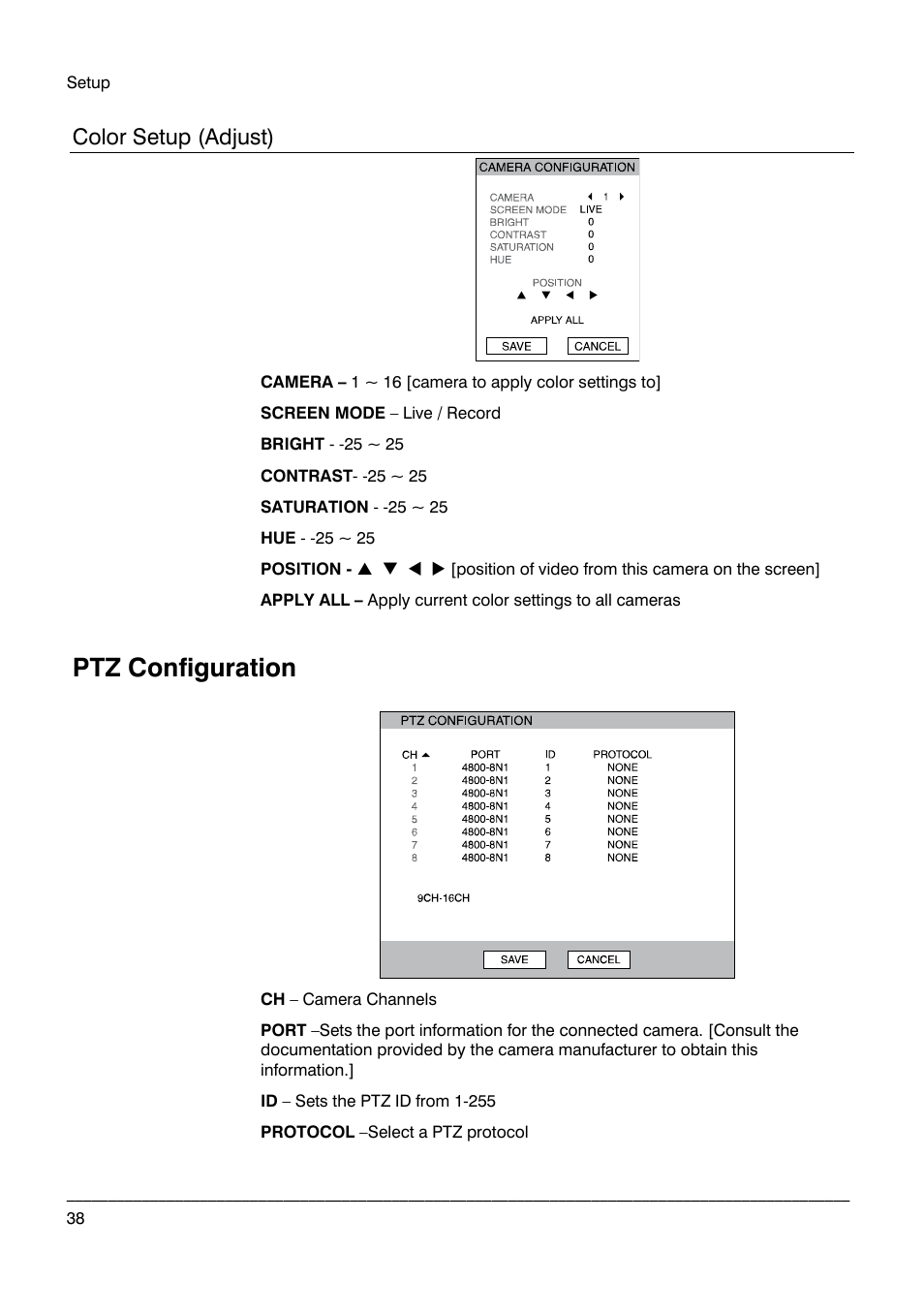 Color setup (adjust), Ptz configuration | Honeywell HRDPX User Manual | Page 38 / 104