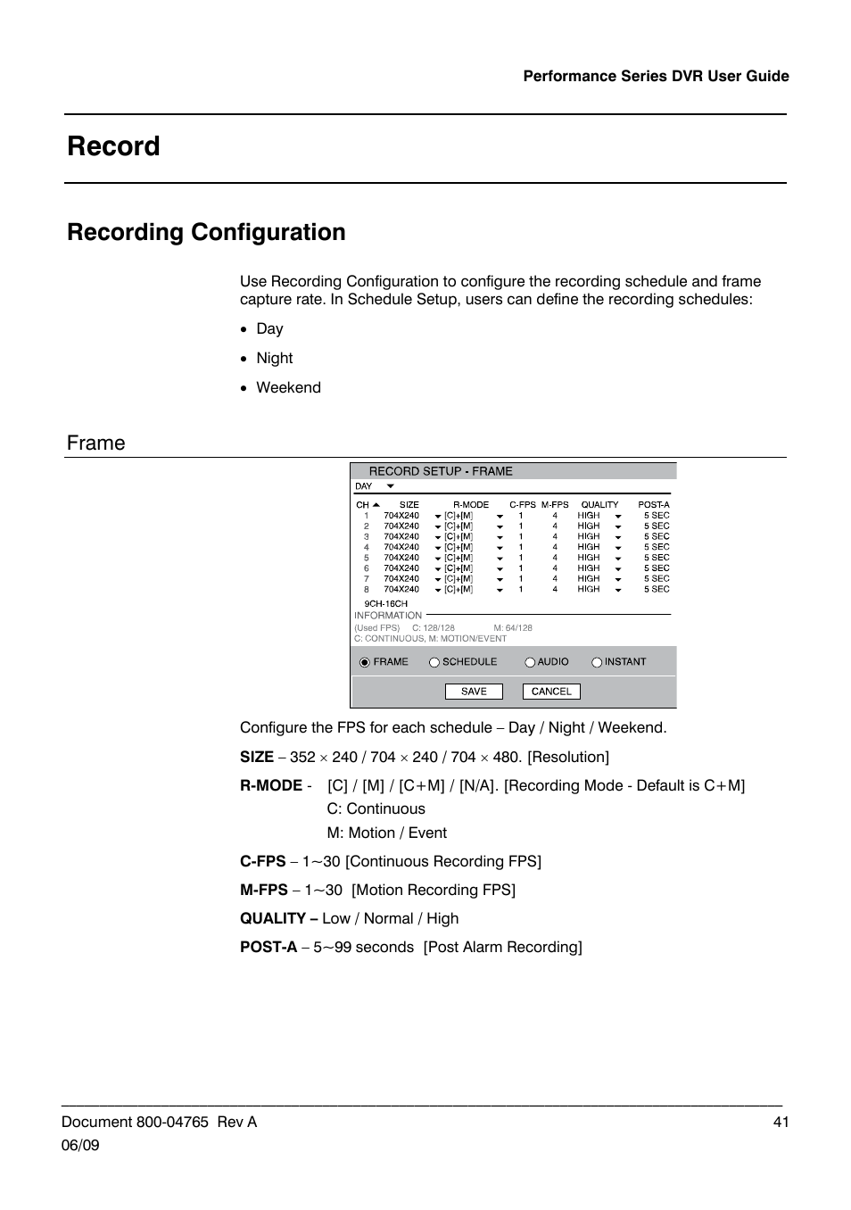 Record, Recording configuration, Frame | Record section for m | Honeywell HRDPX User Manual | Page 41 / 104