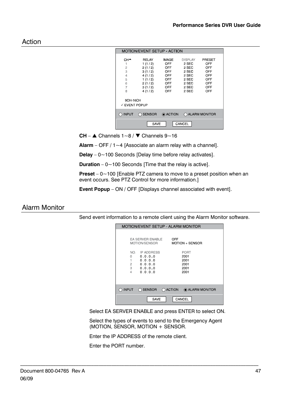 Action, Alarm monitor | Honeywell HRDPX User Manual | Page 47 / 104