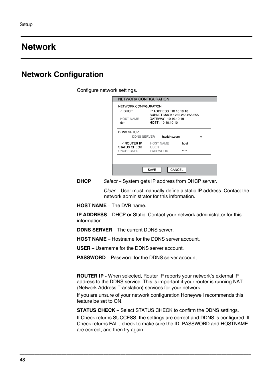 Network, Network configuration | Honeywell HRDPX User Manual | Page 48 / 104