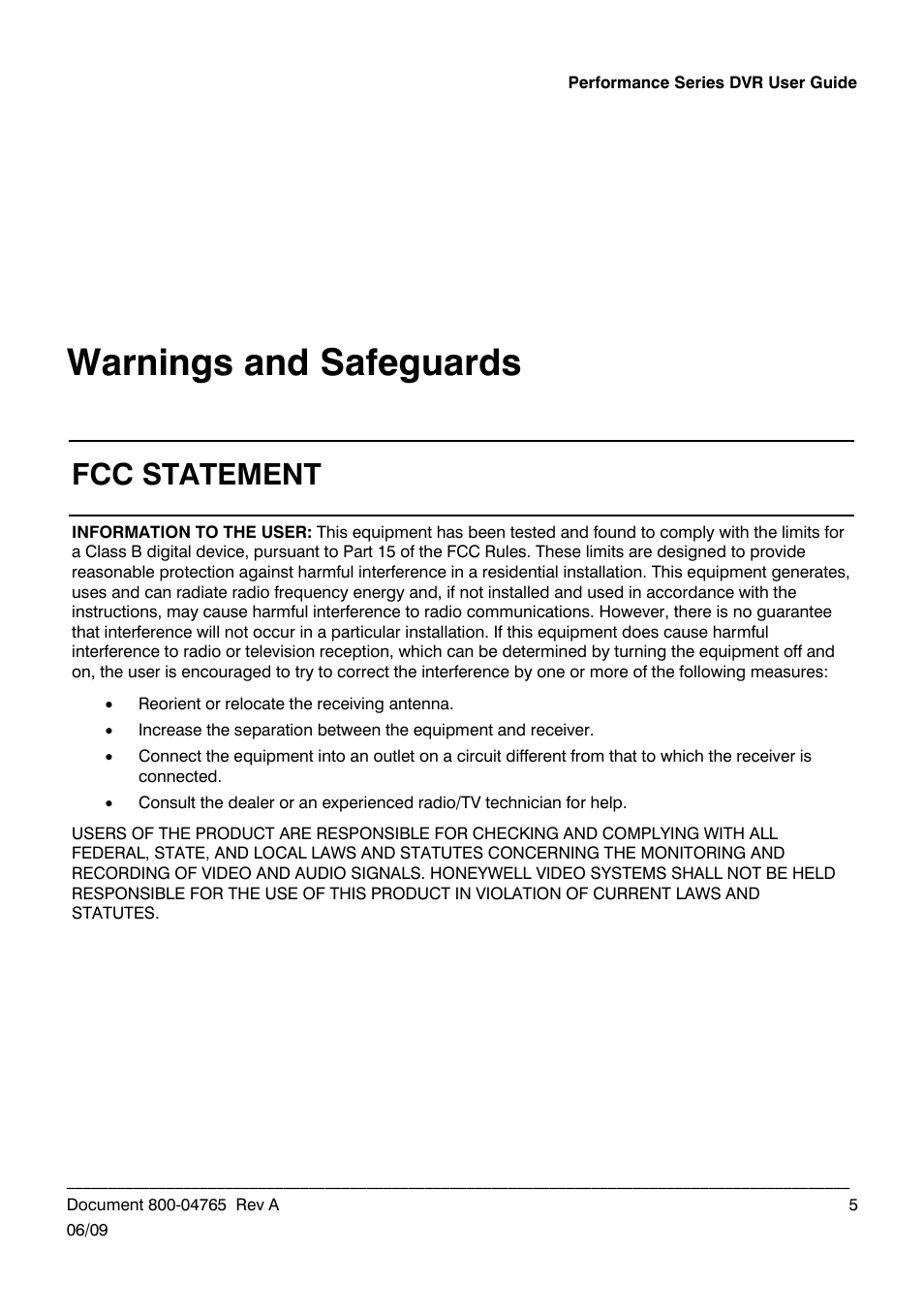 Warnings and safeguards, Fcc statement | Honeywell HRDPX User Manual | Page 5 / 104