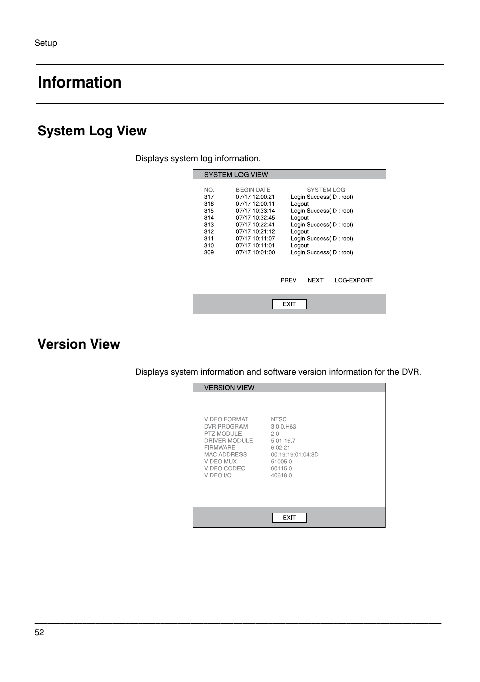 Information, System log view, Version view | Honeywell HRDPX User Manual | Page 52 / 104