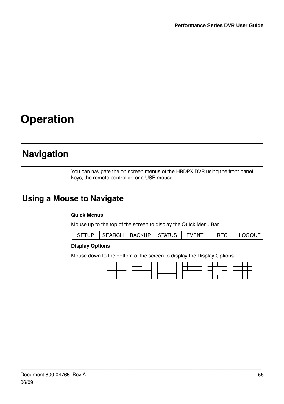 Navigation, Using a mouse to navigate, Operation | Honeywell HRDPX User Manual | Page 55 / 104
