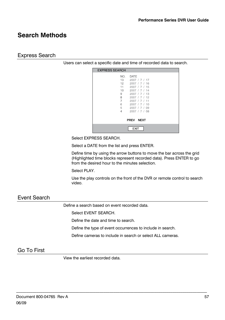 Search methods, Express search, Event search | Go to first | Honeywell HRDPX User Manual | Page 57 / 104