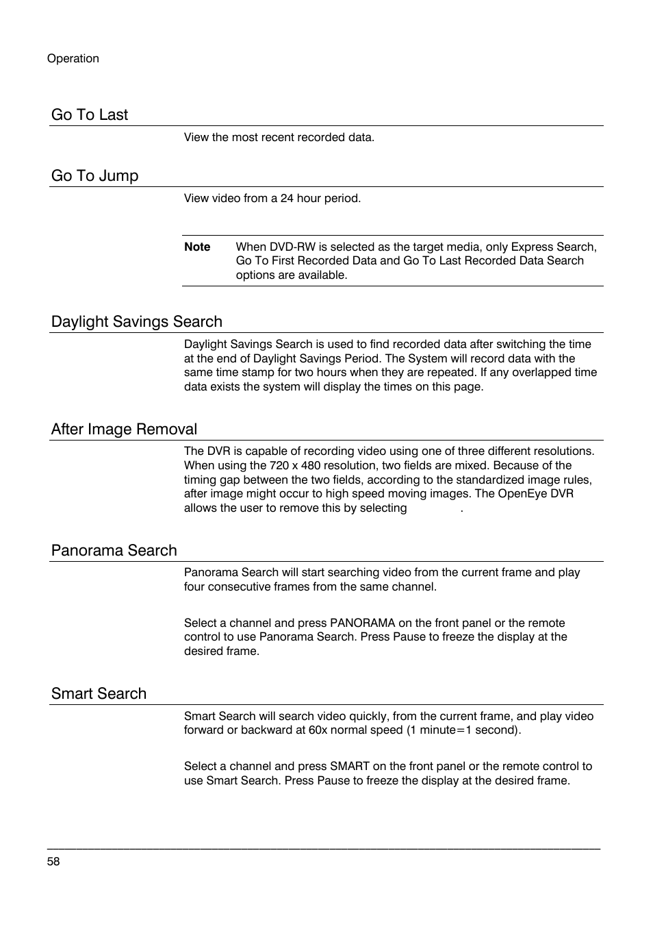 Go to last, Go to jump, Daylight savings search | After image removal, Panorama search, Smart search | Honeywell HRDPX User Manual | Page 58 / 104