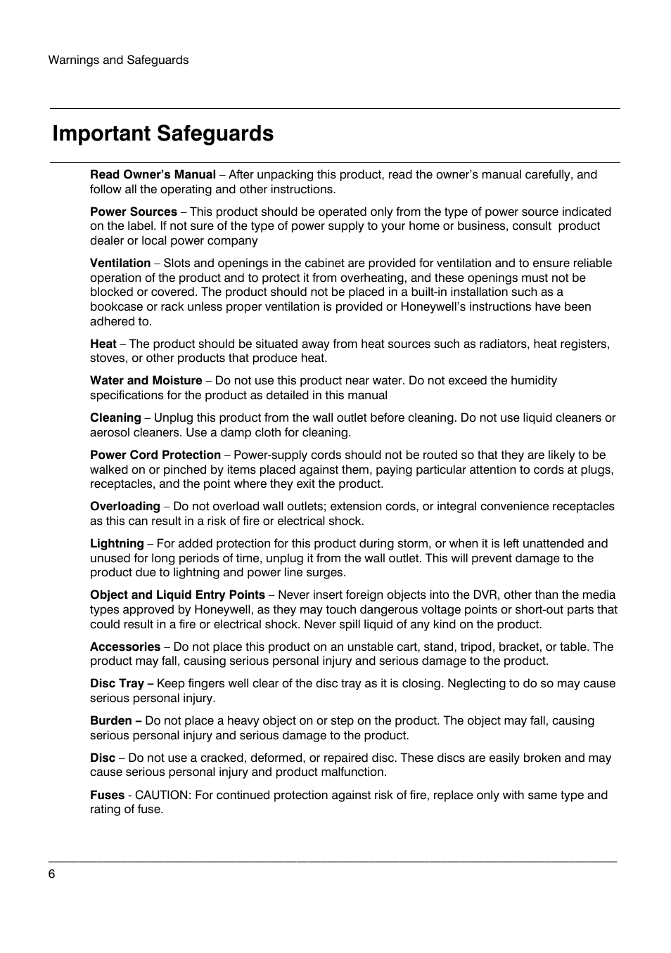 Important safeguards | Honeywell HRDPX User Manual | Page 6 / 104