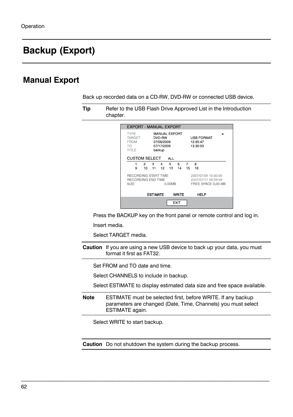 Backup (export), Manual export | Honeywell HRDPX User Manual | Page 62 / 104
