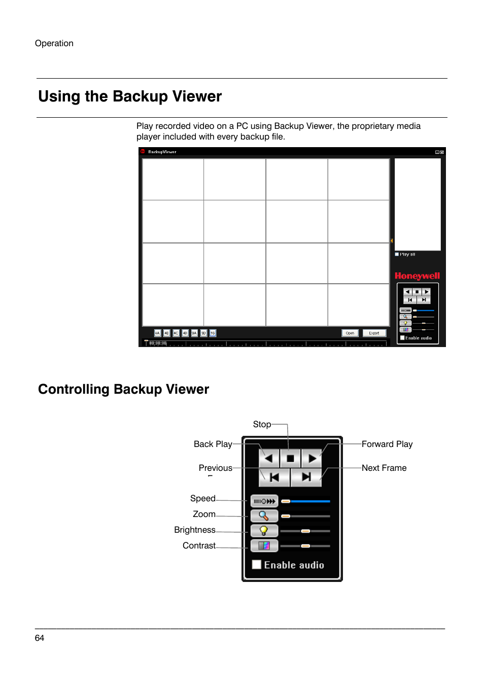 Using the backup viewer, Controlling backup viewer | Honeywell HRDPX User Manual | Page 64 / 104