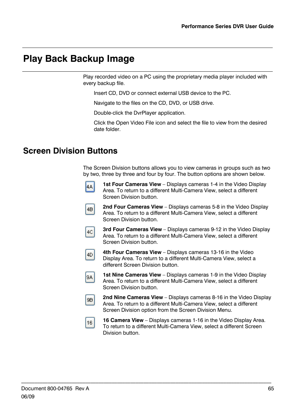 Play back backup image, Screen division buttons | Honeywell HRDPX User Manual | Page 65 / 104