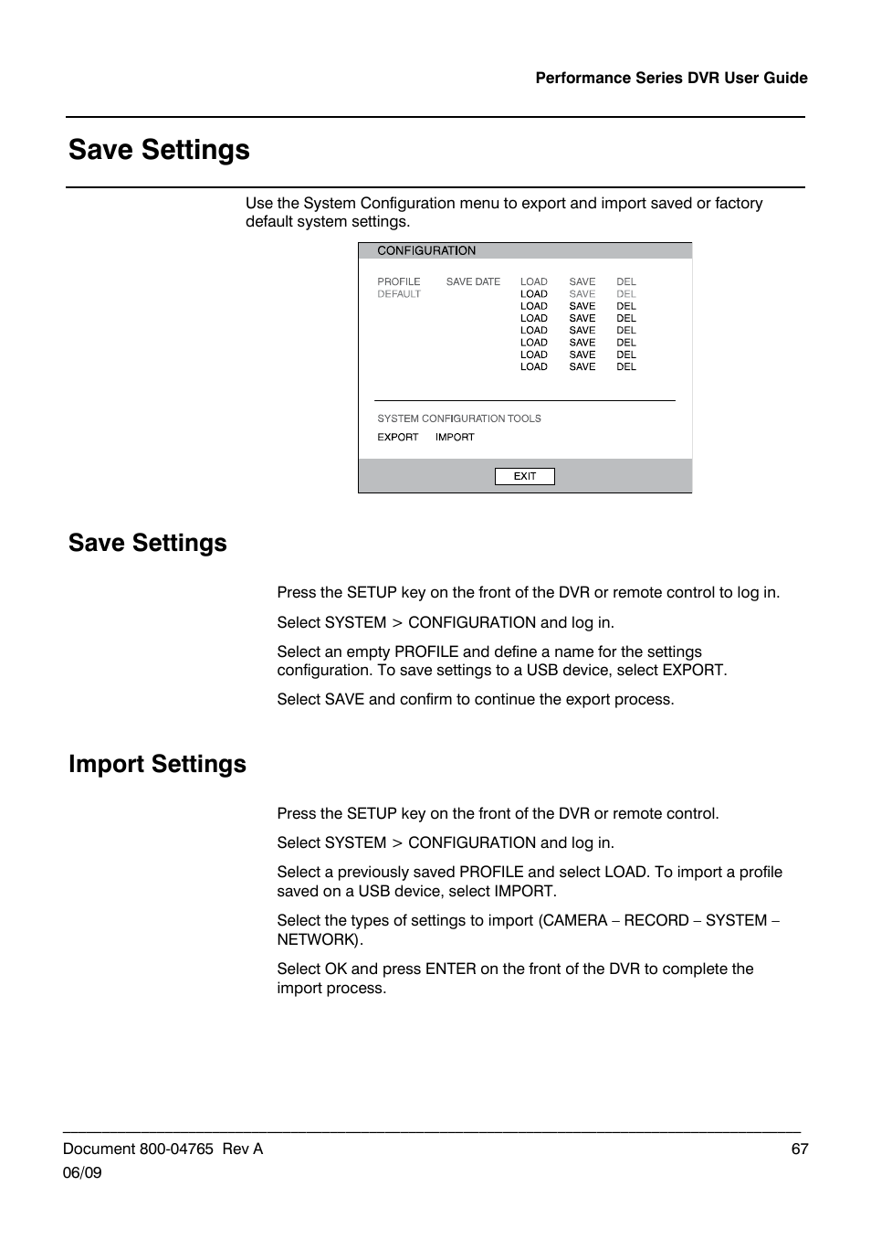 Save settings, Import settings | Honeywell HRDPX User Manual | Page 67 / 104