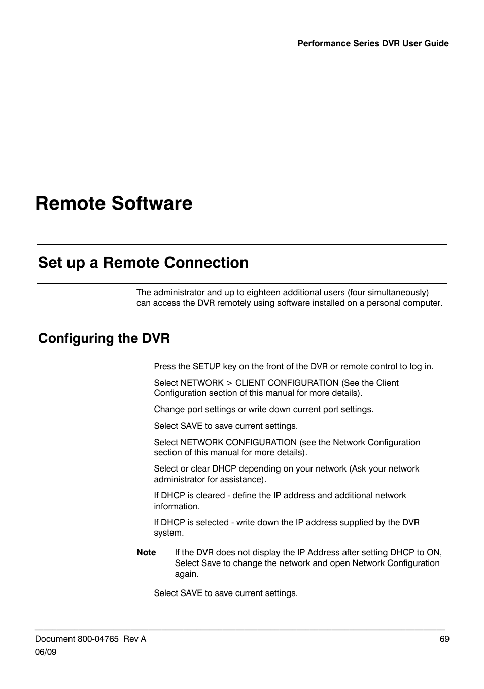 Set up a remote connection, Configuring the dvr, Remote software | Honeywell HRDPX User Manual | Page 69 / 104