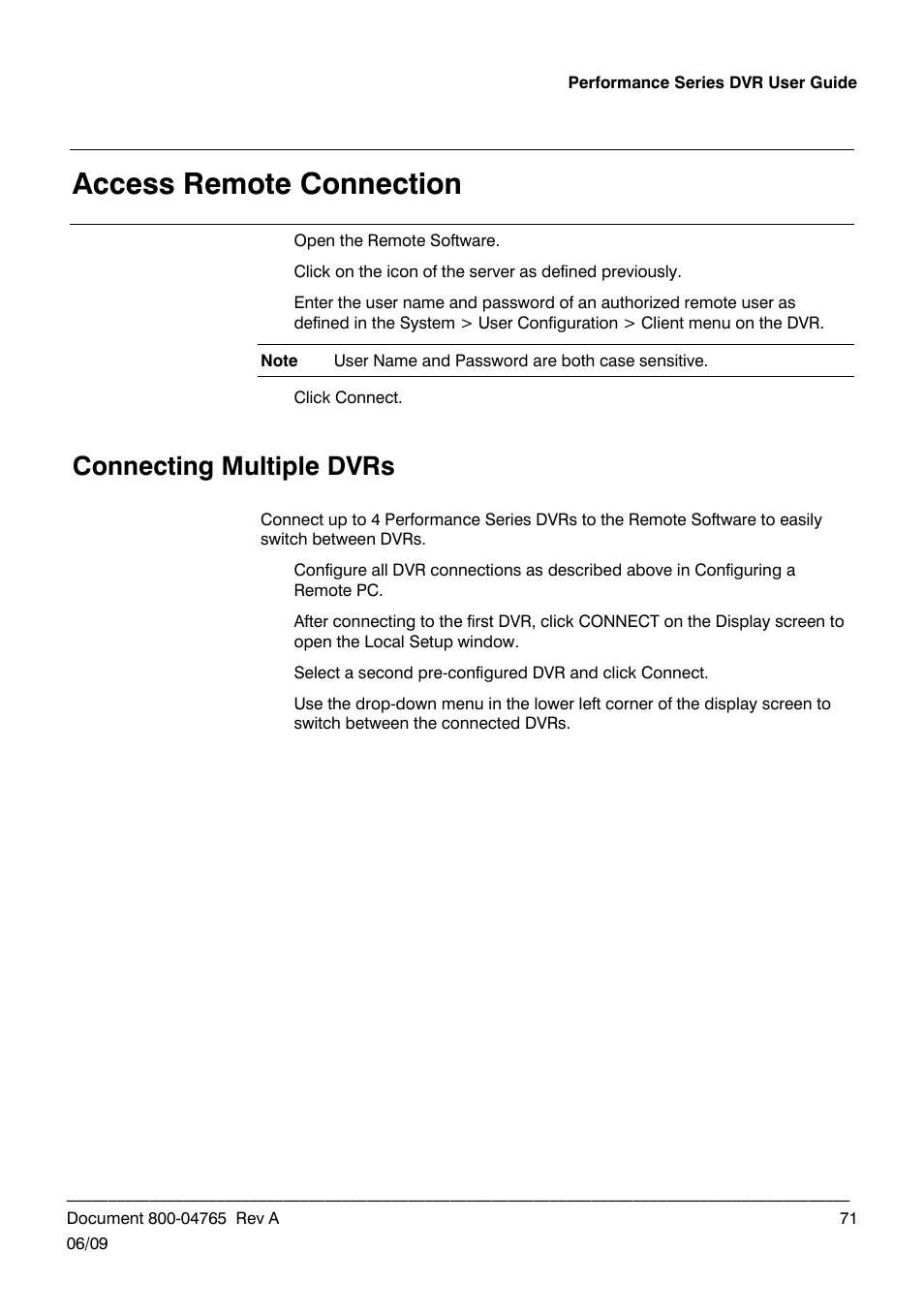 Access remote connection, Connecting multiple dvrs | Honeywell HRDPX User Manual | Page 71 / 104