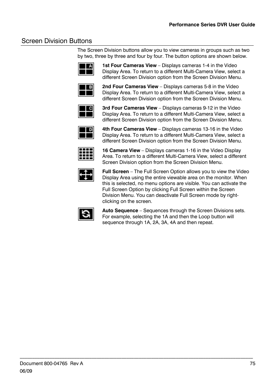 Screen division buttons | Honeywell HRDPX User Manual | Page 75 / 104