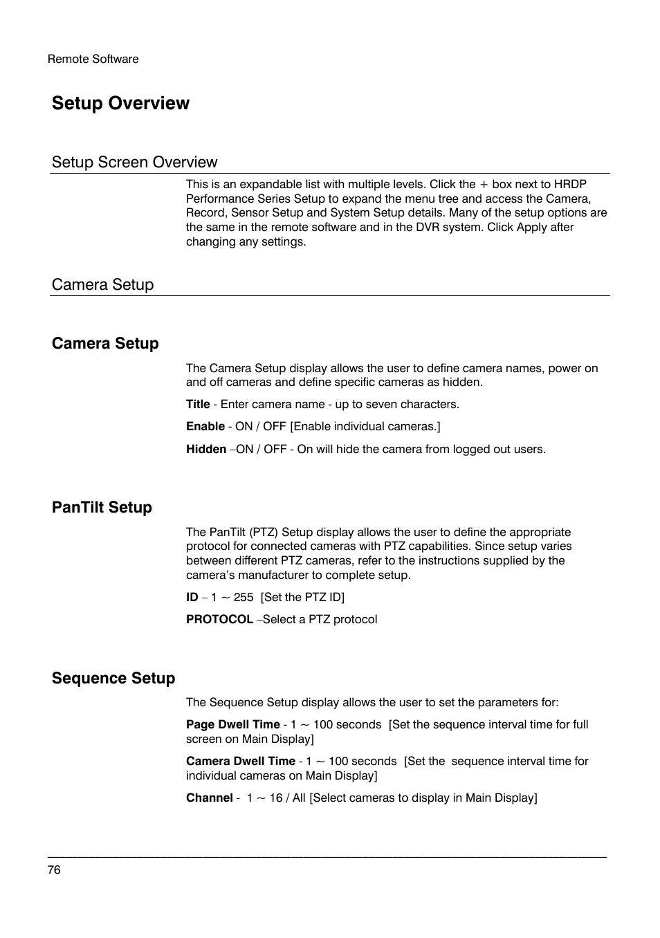 Setup overview, Setup screen overview, Camera setup | Pantilt setup, Sequence setup | Honeywell HRDPX User Manual | Page 76 / 104