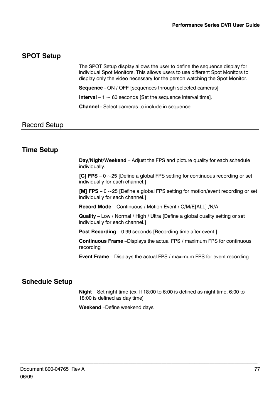 Spot setup, Record setup, Time setup | Schedule setup | Honeywell HRDPX User Manual | Page 77 / 104