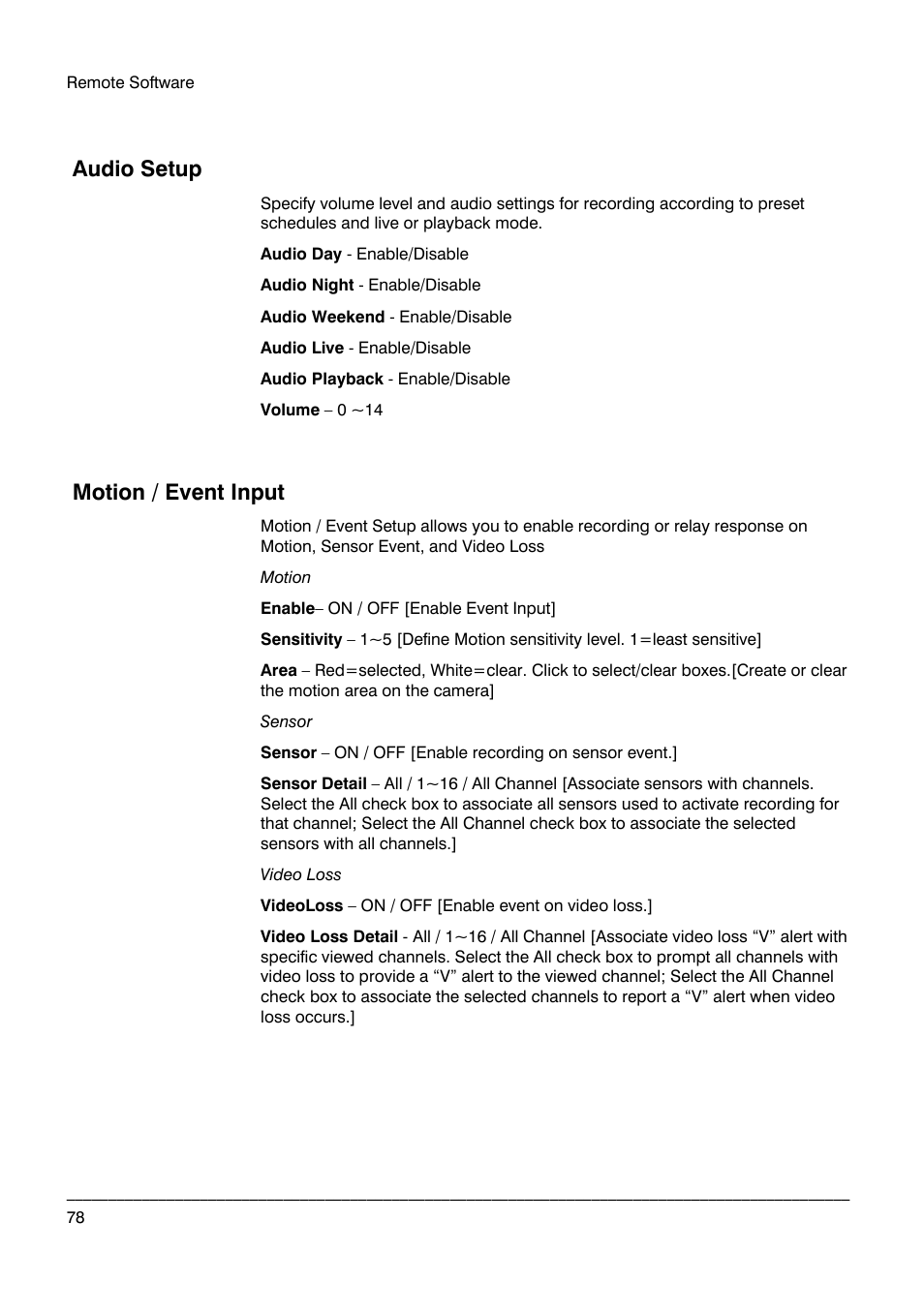 Audio setup, Motion / event input | Honeywell HRDPX User Manual | Page 78 / 104