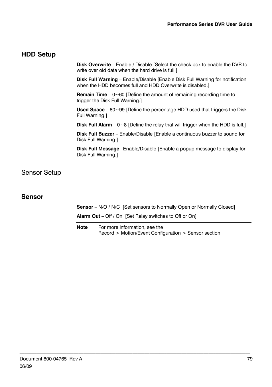 Hdd setup, Sensor setup, Sensor | Honeywell HRDPX User Manual | Page 79 / 104