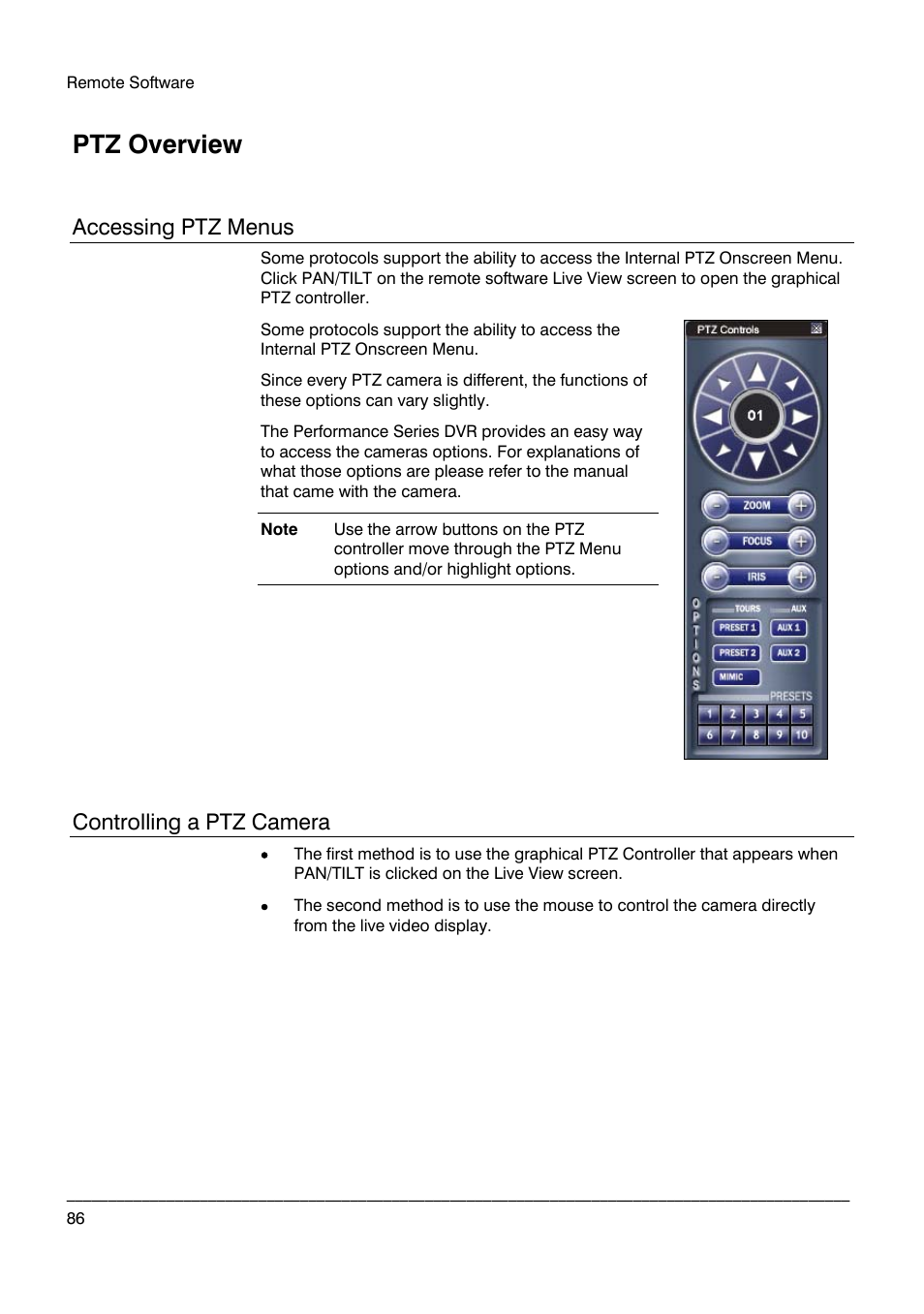 Ptz overview, Accessing ptz menus, Controlling a ptz camera | Honeywell HRDPX User Manual | Page 86 / 104