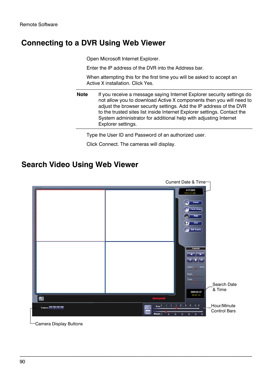 Connecting to a dvr using web viewer, Search video using web viewer | Honeywell HRDPX User Manual | Page 90 / 104