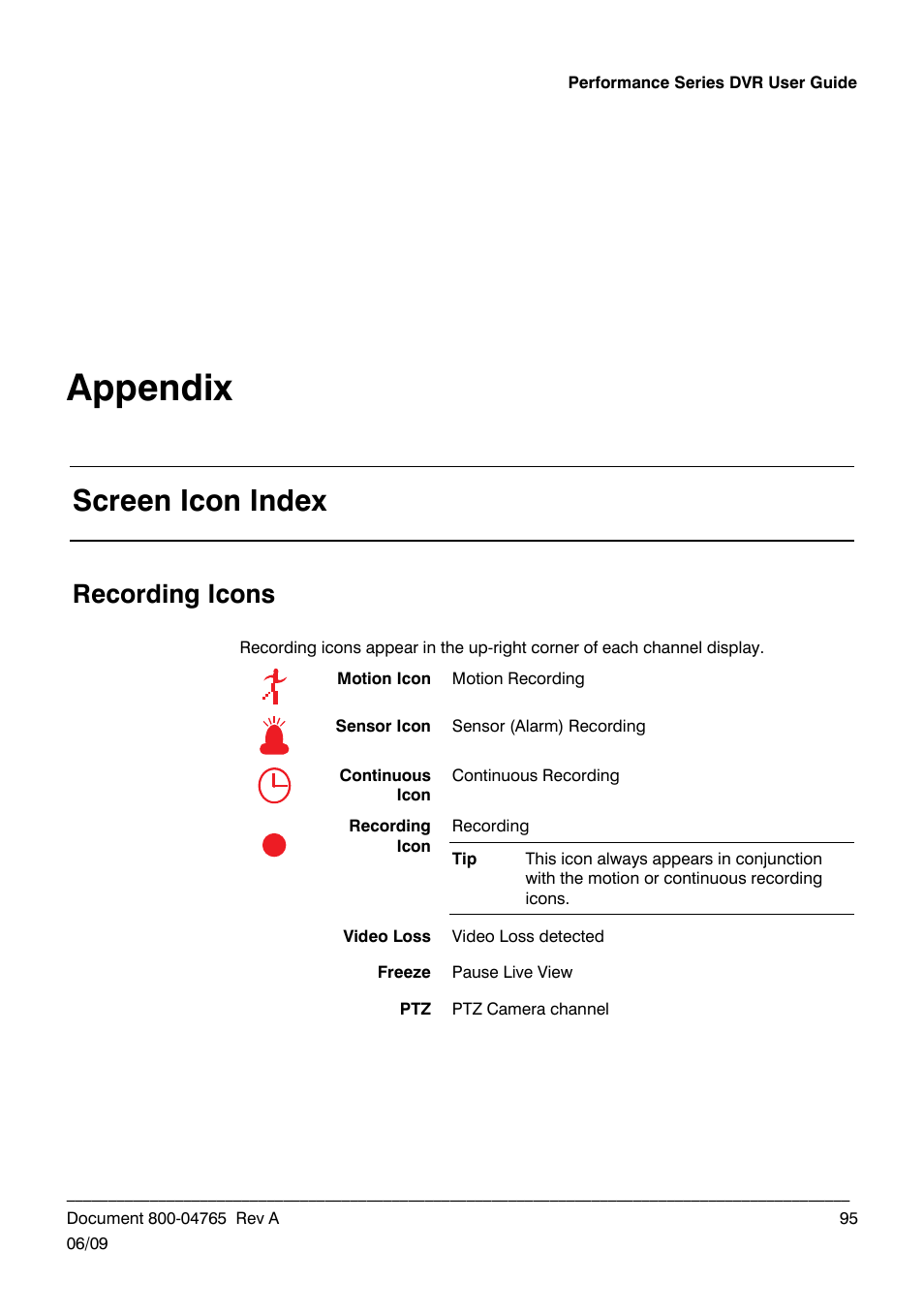 Screen icon index, Recording icons, Appendix | Honeywell HRDPX User Manual | Page 95 / 104