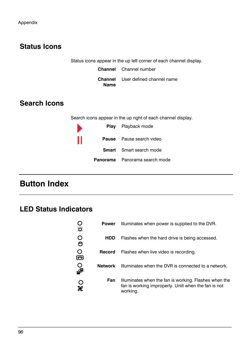 Status icons, Search icons, Button index | Led status indicators | Honeywell HRDPX User Manual | Page 96 / 104
