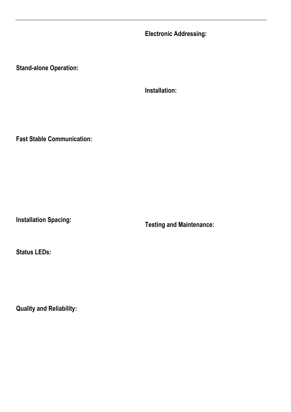 Stand-alone operation, Fast stable communication, Installation spacing | Status leds, Quality and reliability, Electronic addressing, Installation, Testing and maintenance | Honeywell EXCEL ADT-HRSI User Manual | Page 2 / 4