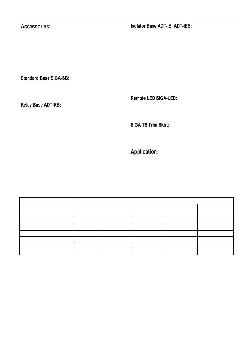 Accessories, Application, Standard base siga-sb | Relay base adt-rb, Isolator base adt-ib, adt-ibs, Remote led siga-led, Siga-ts trim skirt | Honeywell EXCEL ADT-HRSI User Manual | Page 3 / 4