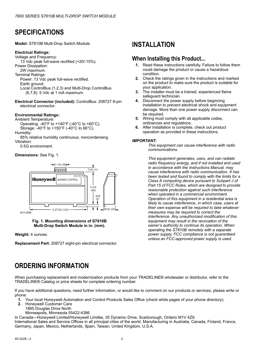 Specifications, Installation, When installing this product | Ordering information | Honeywell 7800 User Manual | Page 2 / 8