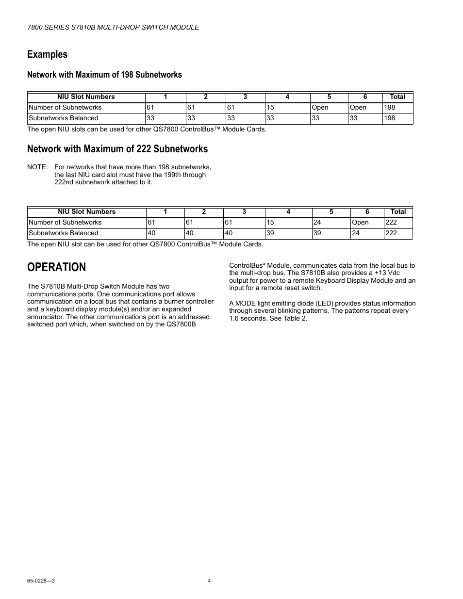 Examples, Network with maximum of 222 subnetworks, Operation | Network with maximum of 198 subnetworks | Honeywell 7800 User Manual | Page 4 / 8